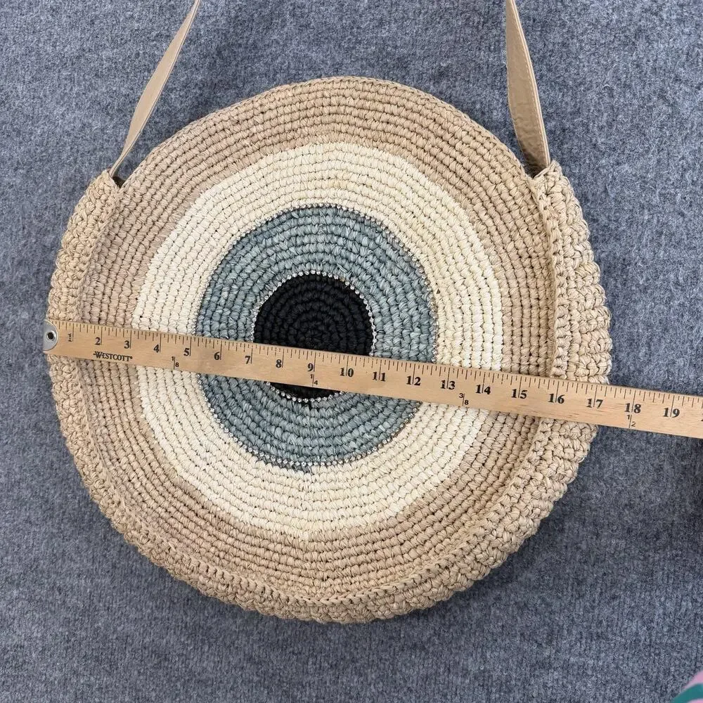 Skemo Round Straw Shoulder Bag Large Beige Evil Eye Rhinestone Boho Beach